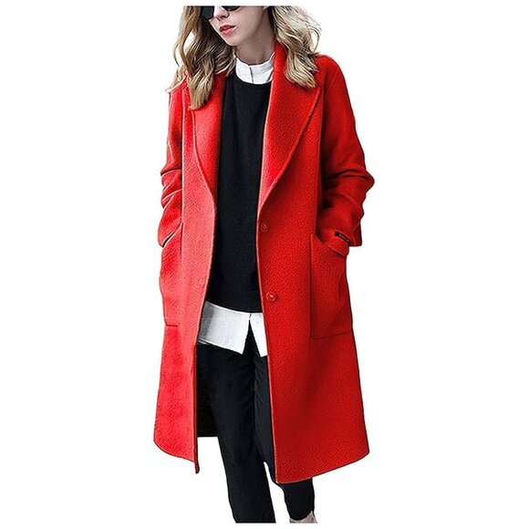 Women's Winter Casual Single Breasted Long Wool Coat Red